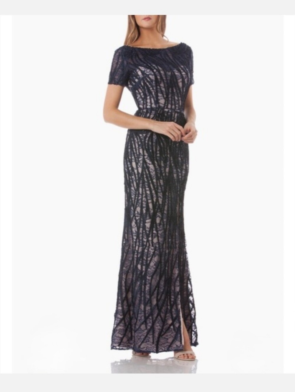 JS COLLECTION Embroidered Lace Illusion Bodice Evening Gown